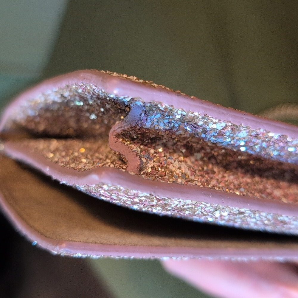 Jimmy Choo Lilia Pink Sparkle Glitter Crossbody Clutch with Gold Shoulder Strap - Picture 11 of 12